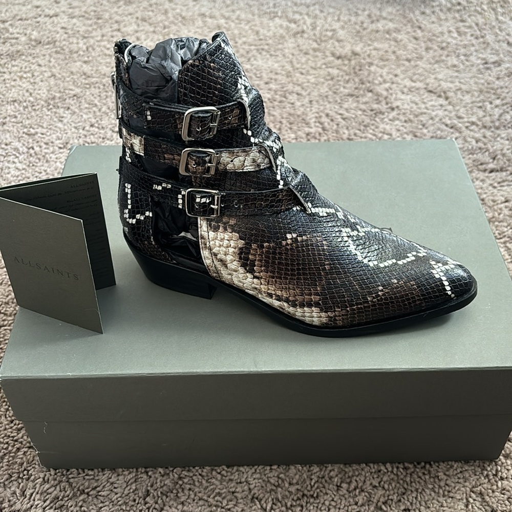 All Saints NWB Naomi Snake Print Leather Pointed Cutout Ankle Boots Size 5